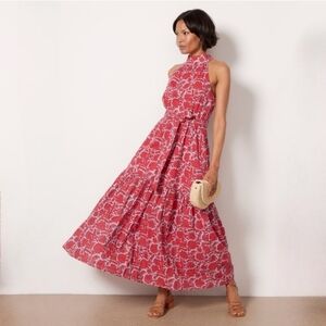 Cleobella Wilder Red Floral Halter Bow Maxi Dress‎ Tiered Boho Valentines Size L